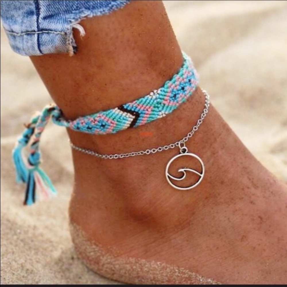 BLUE MACRAME and SILVER TONE WAVE ANKLETS